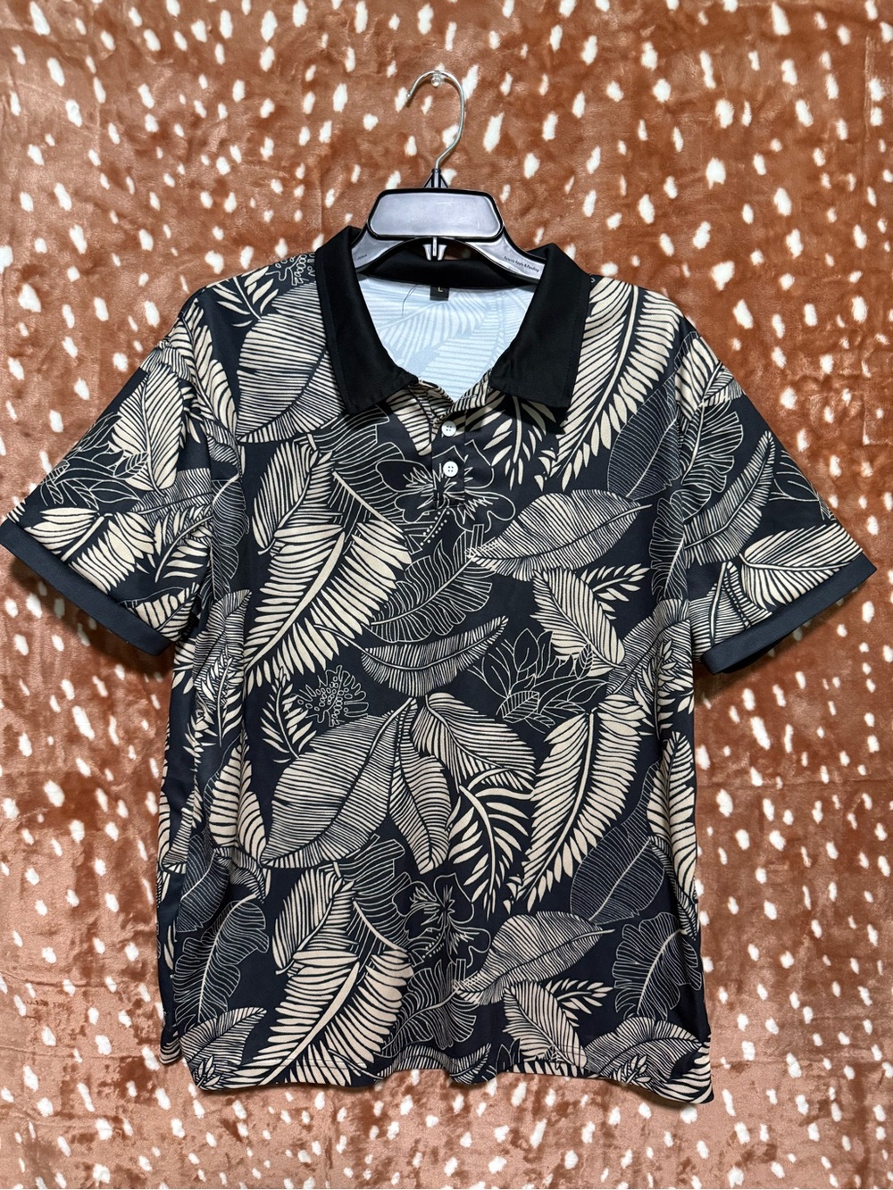 Men's Black Polo Shirt with Cream Leaf Print